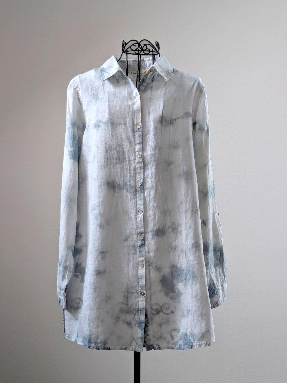 C&C California 100% Linen Gray-Blue Tie Dye Hi-Low Tunic Shirt Size S